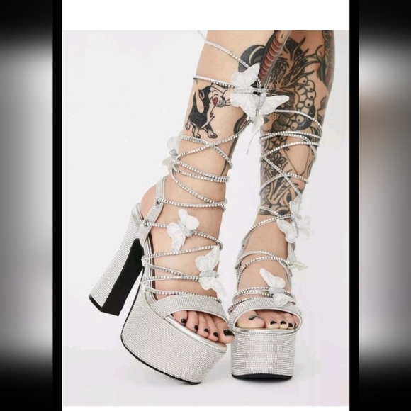 Poster Girl Womens Siver Blindin’ Pixie Queen Lace Up Platform Heels 8 - Picture 1 of 15